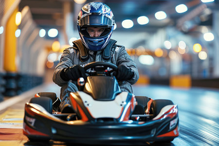 male racer in a helmet driving a go-kart on an indoor track looking at the cameraの素材