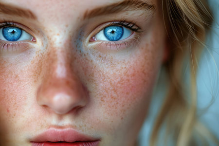 Macro portrait of a beautiful blue-eyed blonde girl with freckles, close-up eyesの素材