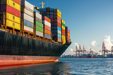 bulk carrier with metal containers on board moored in the port close-upの素材