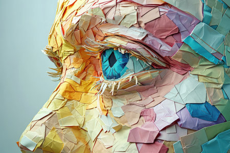 art object face made from many multi-colored pieces of paper, eye close-upの素材