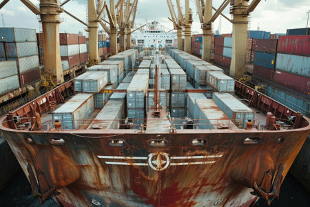 metal containers on the deck of a bulk carrier in the portの素材
