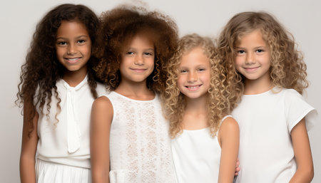 portrait of smiling little girls in white clothes on a light backgroundの素材