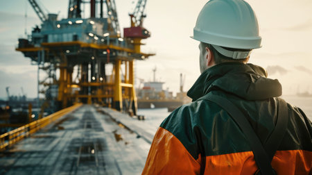 male worker against the backdrop of an oil production offshore platform, view from the backの素材