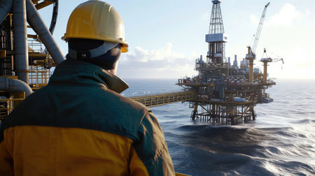 male worker against the backdrop of an oil production offshore platform, view from the backの素材