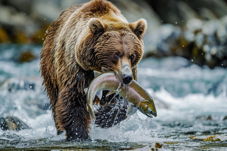 grizzly bear catches salmon fish in the riverの素材