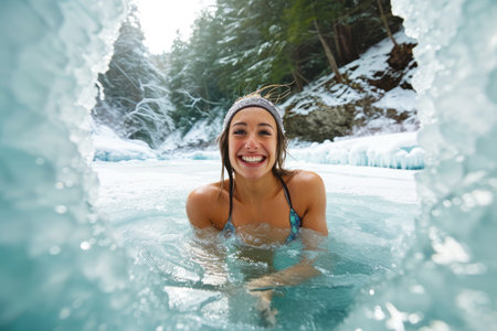happy young woman bathes in winter in an icy river against the backdrop of a snowy forestの素材