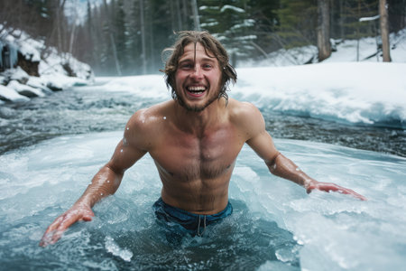 young happy man bathes in winter in a frozen river against the backdrop of a snowy forestの素材