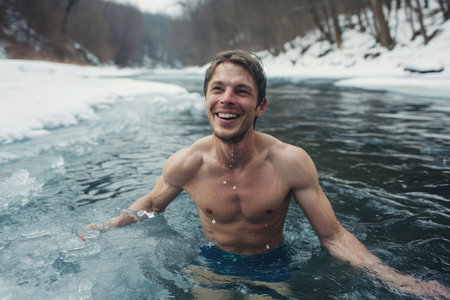 young happy man bathes in winter in a frozen river against the backdrop of a snowy forestの素材