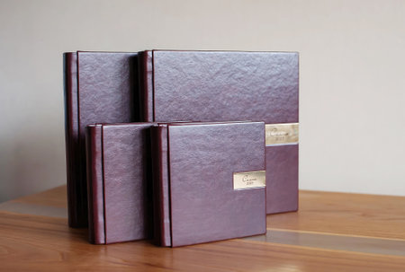 brown leather handmade books closeupの写真素材