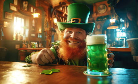 smiling red bearded man in green clothes and hat with a mug of beer in an Irish pubの素材
