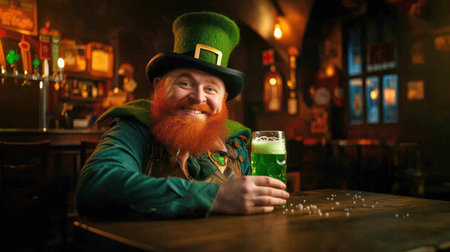 smiling red bearded man in green clothes and hat with a mug of beer in an Irish pubの素材