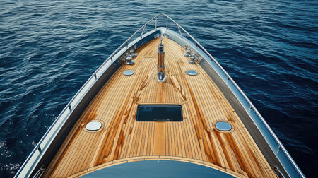 bow of a modern yacht with a wooden teak deck at sea, top viewの素材