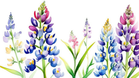 watercolor lupins flowers on white backgroundの素材