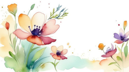delicate spring field watercolor flowers on a white background, copy spaceの素材