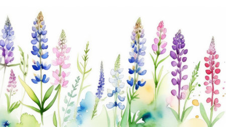watercolor lupins flowers on white backgroundの素材
