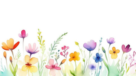 delicate spring field watercolor flowers on a white background, copy spaceの素材