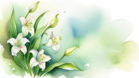white watercolor lilies, copy spaceの素材