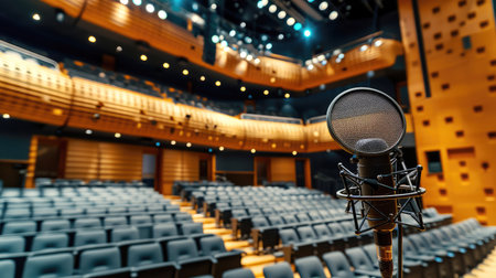 microphone on stage against the backdrop of an empty concert hall, copy spaceの素材