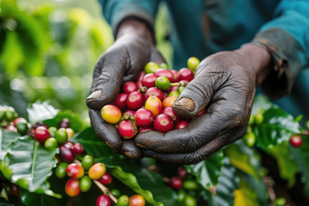 Ripe coffee fruits in black male hands on a coffee plantation close-upの素材