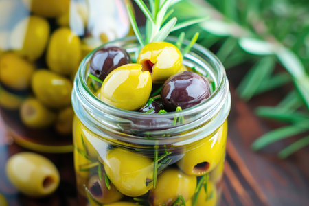 mix of olives with rosemary in a glass jar close-upの素材