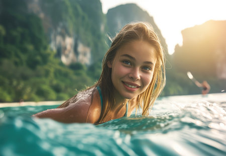 young beautiful happy woman swims in the sea against the backdrop of mountains and tropics close-upの素材