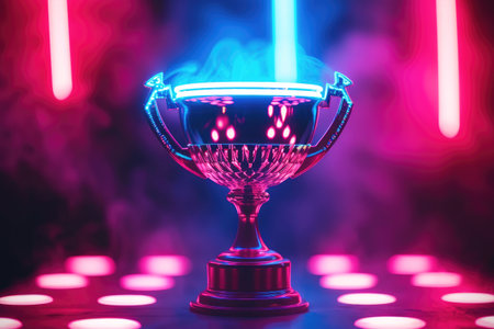Winner trophy cup in red and blue neon lighting in the darkの素材