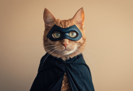 cat superhero in a black mask and cloak on a plain backgroundの素材
