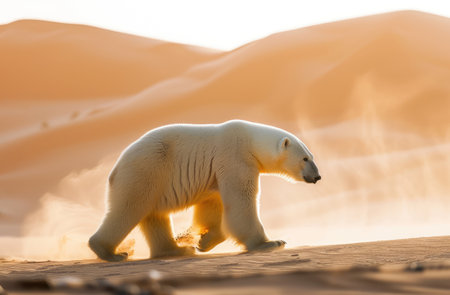 A polar bear walks through a hot sandy desert. concept of global warming and melting glaciersの素材
