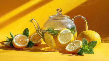 tea with lemon and mint in a glass teapot on a yellow backgroundの素材