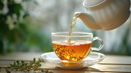 Pouring hot tea from a white teapot into a glass mug on the table close-upの素材