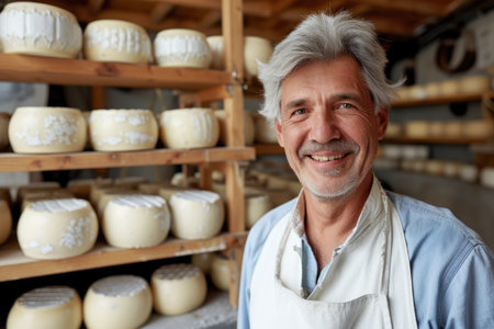 adult smiling male cheese maker against the background of a rack with heads of cheeseの素材