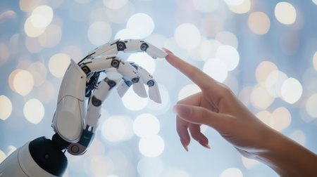 a robot's hand and a human's hand touch each other close-up on a light background with lightsの素材