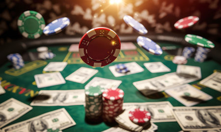poker chips in a casino fly and fall on the table with money in the rays of lightの素材
