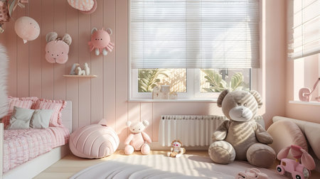 interior of a cozy children's room with a crib and toys for a girl in soft pink tonesの素材