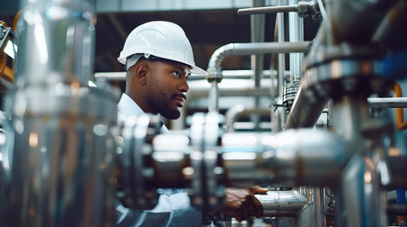 black male engineer worker inspects pipes in a factoryの素材