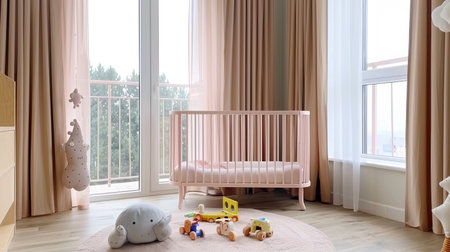interior of a cozy children's room with a crib and toys for a girl in soft pink tonesの素材