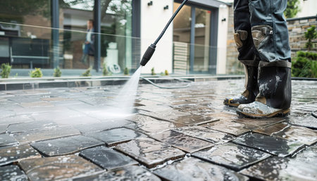 A man washes paving stones in his yard with a pressure washer close-upの素材