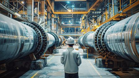 engineer worker of an oil refinery against the background of large metal pipes, rear view