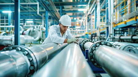 male engineer in a hard hat works in an oil refinery with a metal pipelineの素材