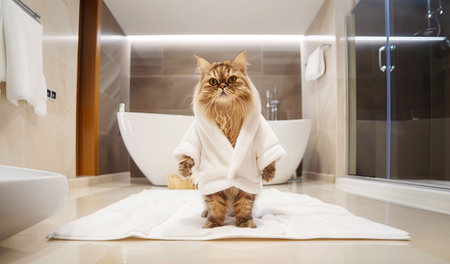 fluffy cat in a white terry robe in the bathroom. Bathing petsの素材