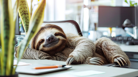 tired sloth sleeping at the table in the office. fatigue, laziness and slowness at workの素材