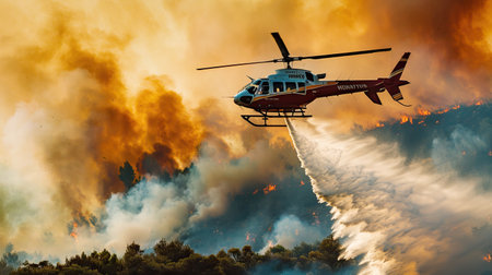 A fire helicopter extinguishes a forest fire by dropping water on burning treesの素材