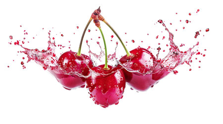 ripe red cherries in a splash of cherry juice isolated on a white backgroundの素材