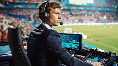 a football commentator at his workplace against the backdrop of a large football stadium comments on a football matchの素材