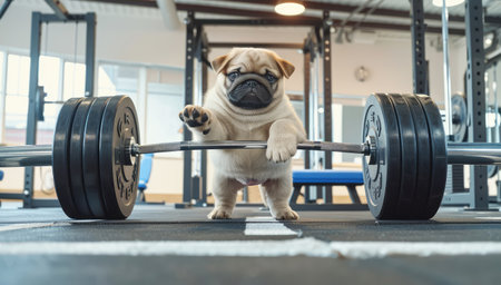 funny cute fat puppy next to the barbell in the gym, fitness aspirationsの素材