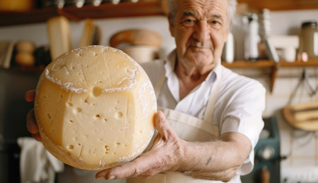 adult male cheese maker holding a large round head of cheese close-upの素材