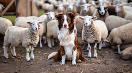 dog shepherd border collie sits among a flock of sheep in natureの素材