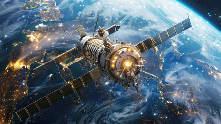 satellite flies in space against the backdrop of the night earthの素材