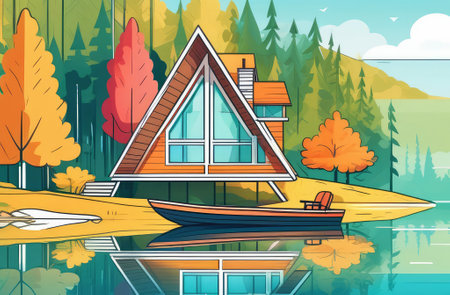 illustration of a small wooden triangular house on the shore of a lake against the backdrop of a summer forest, a boat next to the houseの素材