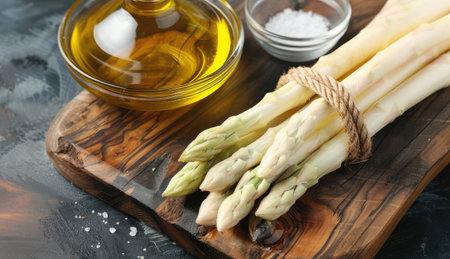 fresh white asparagus lies on a rough wooden board with butter and salt close-upの素材